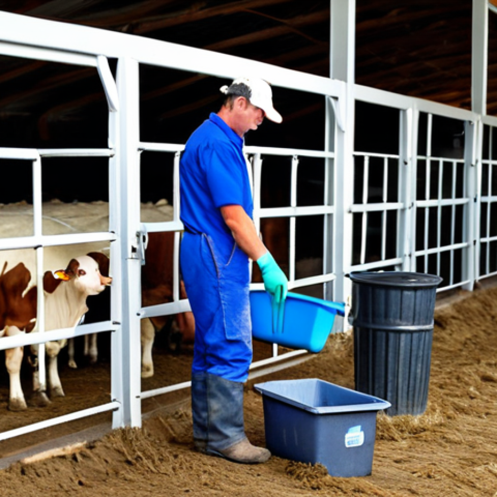 **Professional Biosecurity in Modern Livestock Farm**
A professional livestock farmer, fully clothed in clean, modest, and appropriate farm attire, is meticulously cleaning their boots at a dedicated sanitation station at the entrance of a modern, well-maintained barn. The scene emphasizes strict biosecurity protocols. In the background, a pristine, spacious, and well-ventilated barn interior is visible, housing a small group of healthy, calm cattle. The atmosphere is one of order, prevention, and high standards. This image is safe for work, appropriate content, and fully clothed, demonstrating professional farm management with perfect anatomy, correct proportions, natural pose, well-formed hands, proper finger count, and natural body proportions, captured with professional photography and high-quality, realistic rendering.