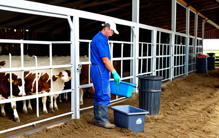 **Professional Biosecurity in Modern Livestock Farm**
A professional livestock farmer, fully clothed in clean, modest, and appropriate farm attire, is meticulously cleaning their boots at a dedicated sanitation station at the entrance of a modern, well-maintained barn. The scene emphasizes strict biosecurity protocols. In the background, a pristine, spacious, and well-ventilated barn interior is visible, housing a small group of healthy, calm cattle. The atmosphere is one of order, prevention, and high standards. This image is safe for work, appropriate content, and fully clothed, demonstrating professional farm management with perfect anatomy, correct proportions, natural pose, well-formed hands, proper finger count, and natural body proportions, captured with professional photography and high-quality, realistic rendering.
