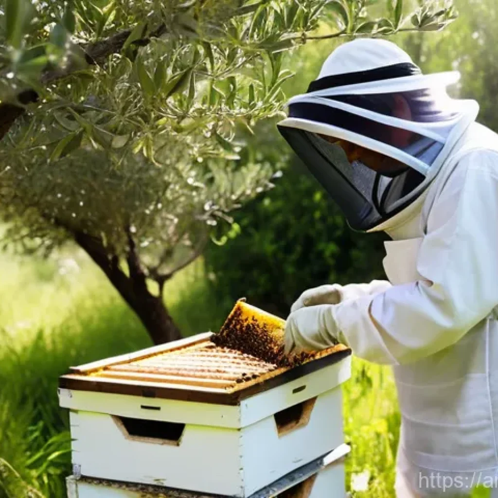 양봉업 창업 가이드 - **Prompt:** A serene and detailed outdoor scene depicting an experienced Arab beekeeper, calmly insp...