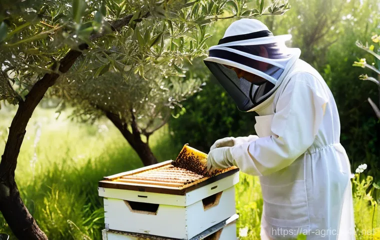양봉업 창업 가이드 - **Prompt:** A serene and detailed outdoor scene depicting an experienced Arab beekeeper, calmly insp...